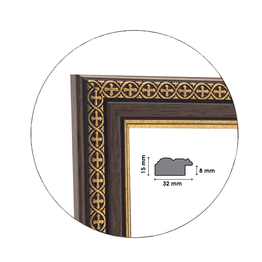 Ramă decorativă pentru icoană cu margine în formă de cruce, închisă și aurie